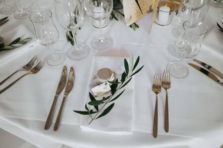 an empty wedding dinner tablesの写真素材