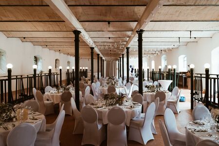an empty wedding dinner tablesの写真素材