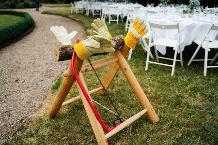 wedding a wooden sawhorse in the gardenの写真素材