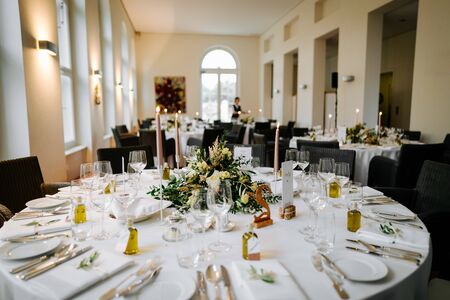 dinner tables at a weddingの写真素材