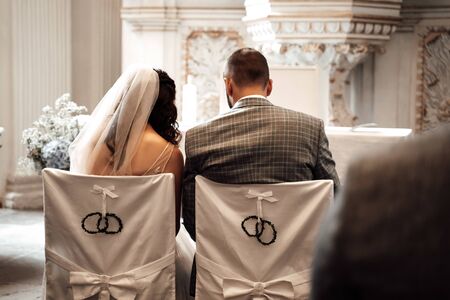 wedding couple chairs in a churchの写真素材
