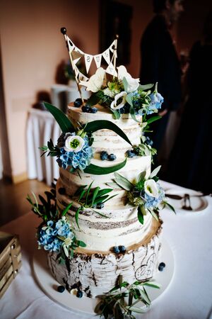 a wedding cake with blue flowersの写真素材
