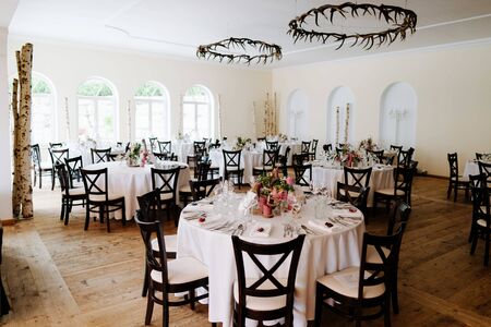 dinner tables at a weddingの写真素材