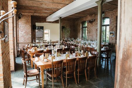 dinner tables at a weddingの写真素材