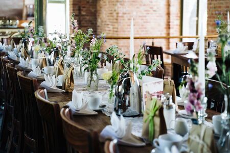 dinner tables at a weddingの写真素材