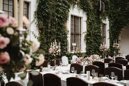 a wedding location with dinner tablesの写真素材