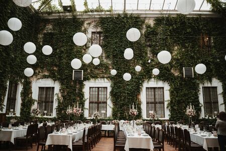 a wedding location with dinner tablesの写真素材