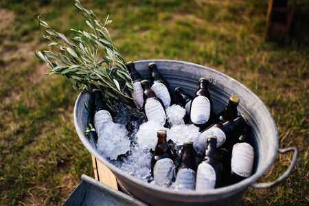 beer bottles in ice in the gardenの写真素材