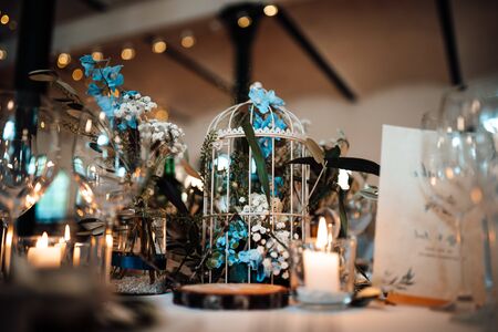 a wedding location with dinner tablesの写真素材