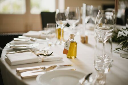 a wedding location with dinner tablesの写真素材