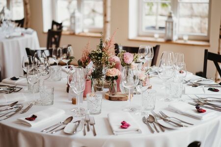 a dinner table at wedding locationの写真素材