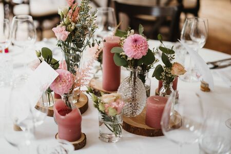 a dinner table at wedding locationの写真素材