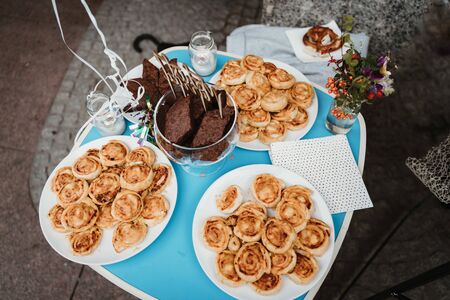 photo of wedding Just Married sign on a candy table with chocolate muffinsの写真素材