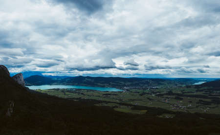 drone photo on lake Mondsee at Upper Austria, Oberosterreichの写真素材