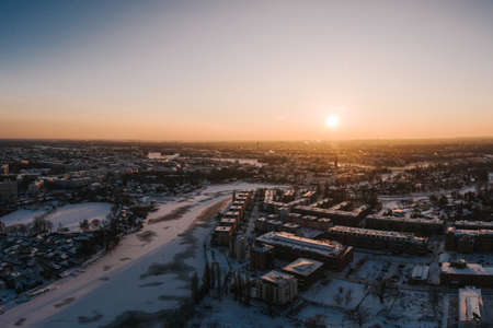 aerial drone view on beautiful winter sunset in Berlinの写真素材
