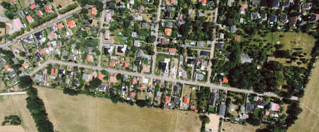 Aerial view of country houses in a European villageの写真素材