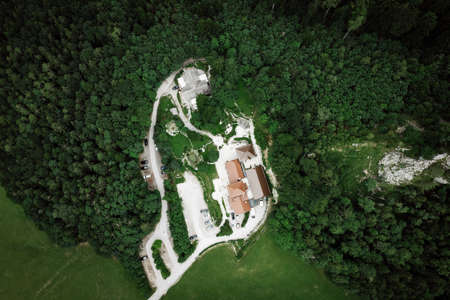 aerial photo of a residential house in forestの写真素材