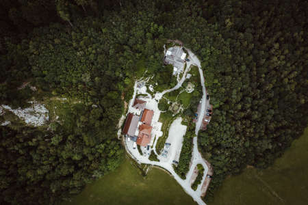 aerial photo of a residential house in forestの写真素材