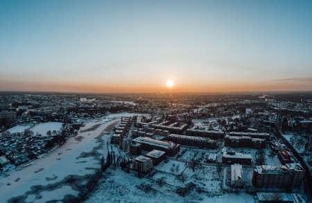 aerial view on beautiful winter sunset in Berlinの写真素材