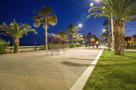 City seafront promenade at night in Cyprus, Mediterranean Seaの写真素材
