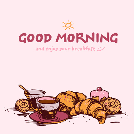 hand-sketched illustration of fresh and tasty breakfast - coffee, croissant, baking, orange.のイラスト素材