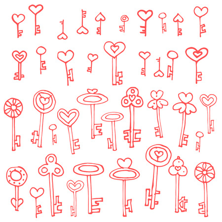 Keys of hearts. Hand-drawing set of doodle keys. Easy to edit and recolor.のイラスト素材