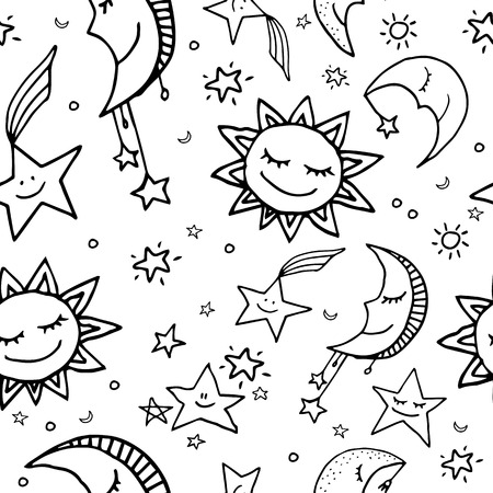 Cute and funny seamless vector space pattern with sun, moon and stars.のイラスト素材