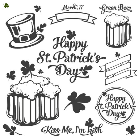 Saint Patrick lettering and illustration black and white isolated setのイラスト素材