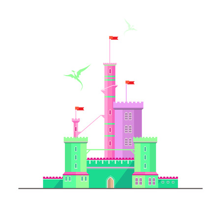 Fantasy castle of dragonlord. Flat style illustration. Can be used in books, game background, web design, etc.のイラスト素材