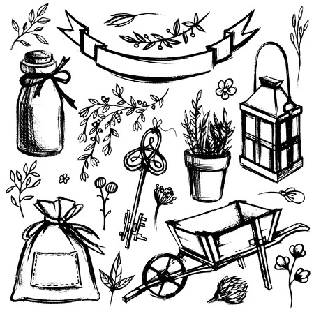 Set of garden tools and florals isolated on white background.のイラスト素材