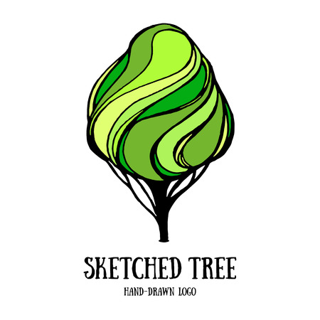 Hand-sketched tree logo template. Card with decorative ornate tree. Cute decoration element.のイラスト素材