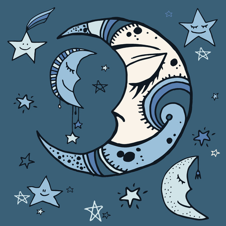 Set of hand drawn night sky elements - moon and stars. Tribal illustration.のイラスト素材