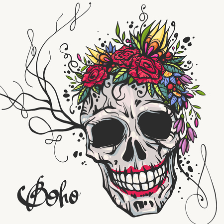 Human skull with flower wreath of roses and wild flowers. Beautiful bohemian chic vector illustration. Colorful boho skull t-shirt print. Old school tattoo design.のイラスト素材