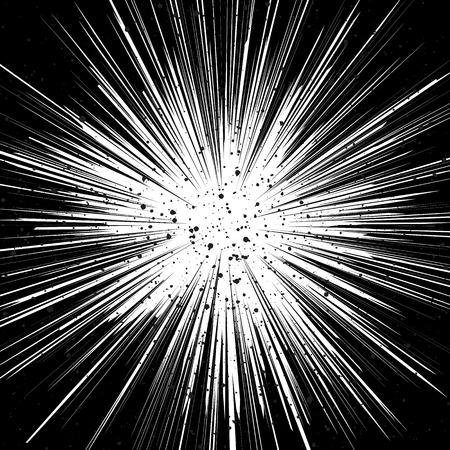 Black and white sunburst abstract background. Ray burst, explosion, comic big bang. Superhero action speed frame. Radial lines. Monochrome design element. Textured backdrop.のイラスト素材