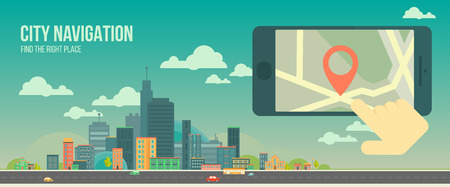 City navigation web banner. Panoramic flat city and navigation app on mobile screen. GPS navigation on mobile phone with pin and map. Panoramaのイラスト素材