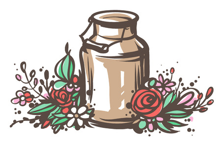 Hand drawn milk can with flowers. Fresh milk - country style vector sketch. Vintage aluminium milk can with wooden handle and floral wreath. Rural illustration.のイラスト素材