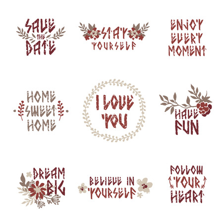 Set of lettering quotes. Runic script. Hand drawn quotes with flowers and wreaths. Motivation typographical poster or card design.のイラスト素材