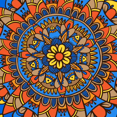 Hand drawn flower mandala, decorative round ornament. Henna design, mehndi element. Yoga background for meditation poster. Oriental floral vector. Anti-stress therapy pattern.のイラスト素材