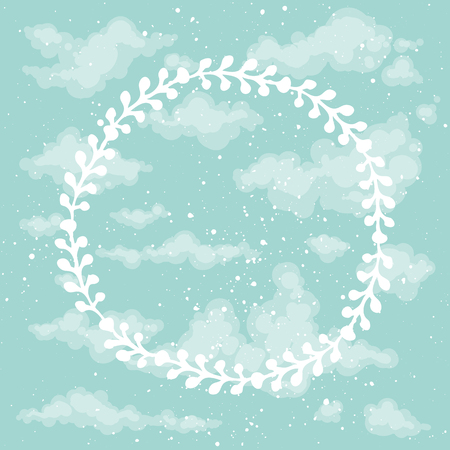 Beautiful hand drawn floral frame on blue sky background.Heaven. Greeting card with handsketched cute wreathのイラスト素材