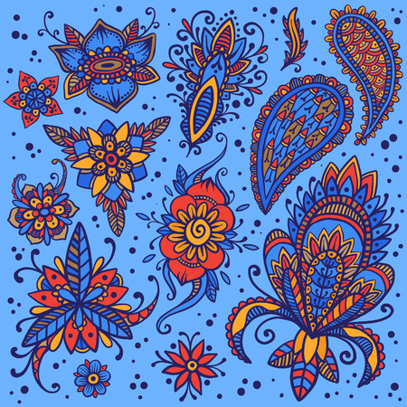 Handsketched set of beautiful mehndi design elements. Henna temporary flash tattoo. Traditional ethnic indian style henna ornaments. Adult color book creative paisley doodles. Vector collection.のイラスト素材