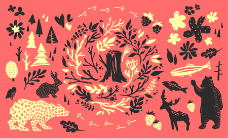 Handsketched elements of northern forest. Hand drawn nordic set. Vector collection of animals, florals, flowers, branches, berries, trees. Bear, deer, fish, rabbit, bird silhouettes.のイラスト素材