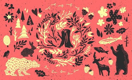 Handsketched elements of northern forest. Hand drawn nordic set. Vector collection of animals, florals, flowers, branches, berries, trees. Bear, deer, fish, rabbit, bird silhouettes.のイラスト素材