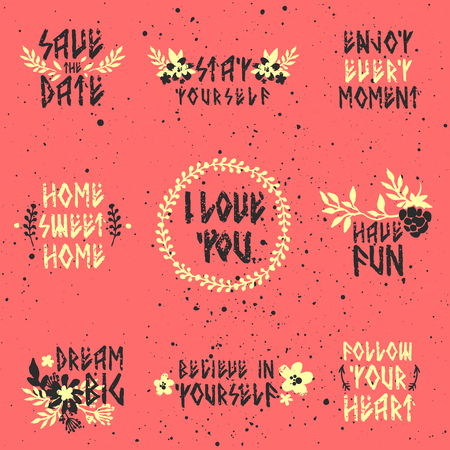 Set of lettering quotes. Runic script. Hand drawn quotes with flowers and wreaths. Motivation typographical poster or card design.のイラスト素材