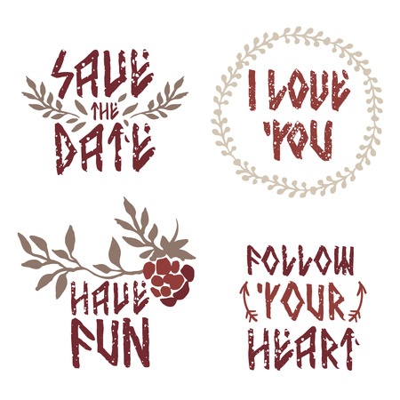 Set of lettering quotes. Runic script. Hand drawn quotes with flowers and wreaths. Motivation typographical poster or card design.のイラスト素材