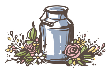 Hand drawn milk can with flowers. Fresh milk - country style vector sketch. Vintage aluminium milk can with wooden handle and floral wreath. Rural illustration.のイラスト素材