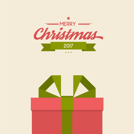 Vintage christmas greeting card with gift boxes, ribbons and calligraphy wishes. Flat merry christmas background. Christmas greetings lettering poster. Winter holidays composition.のイラスト素材