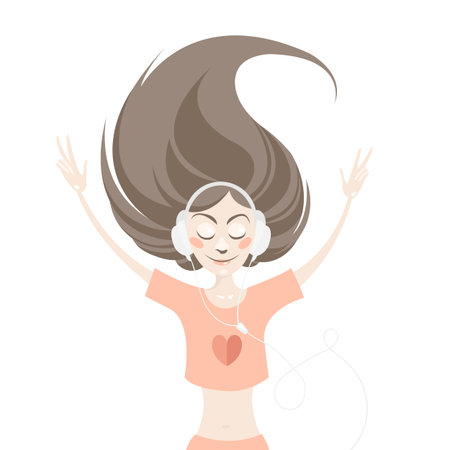 Illustration of a beautiful cute romantic young girl listening music on headphones. Lovely music. Character design. Spring, summer mood. Enjoying life.のイラスト素材