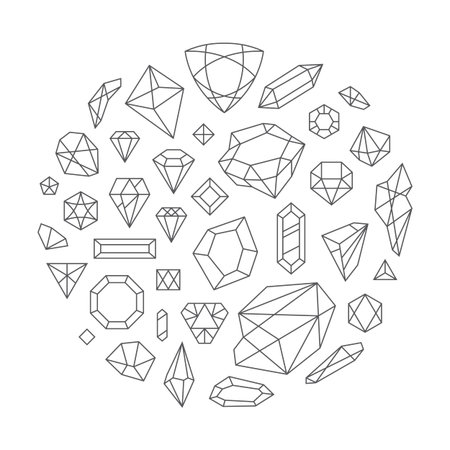 Creative trendy set of diamond shapes, vector design elements. Crystals and shiny gems abstract background. Hipster style gemstone forms. Different diamond icons.のイラスト素材