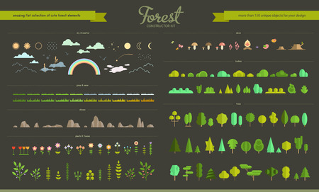 Big vector set of flat forest, park and weather elements, various trees, bushes, grass, flowers, stones, mushrooms, birds, clouds , sun and moon. Nature icon collection, infographic elements. Flat forest constructor.のイラスト素材