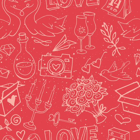 Cute and gentle Valentine's Day handsketched delicate seamless pattern. Valentine doodle elements on textured background. Wrapping paper with love symbolsのイラスト素材
